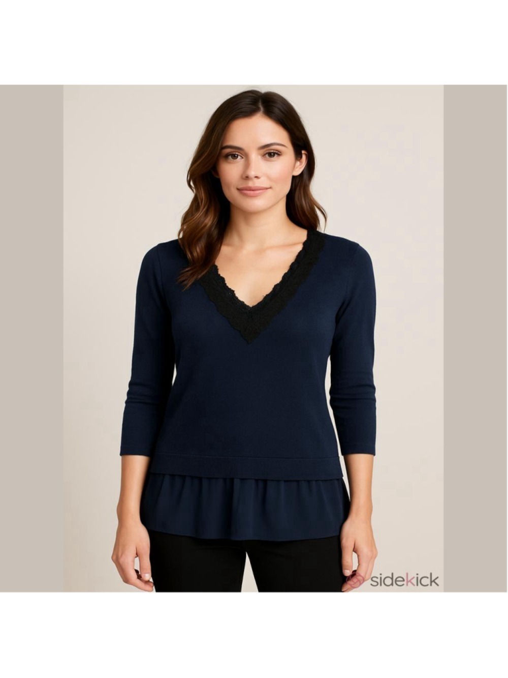 Weekend MaxMara Silk Cotton Tunic Top Sz L Navy Lace Trim Pleated Hem 3/4 Sleeve